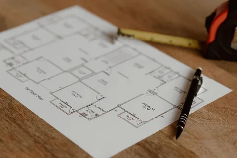 Cuánto cuesta impermeabilizar una terraza. Planos sobre una mesa de madera con metro y bolígrafo